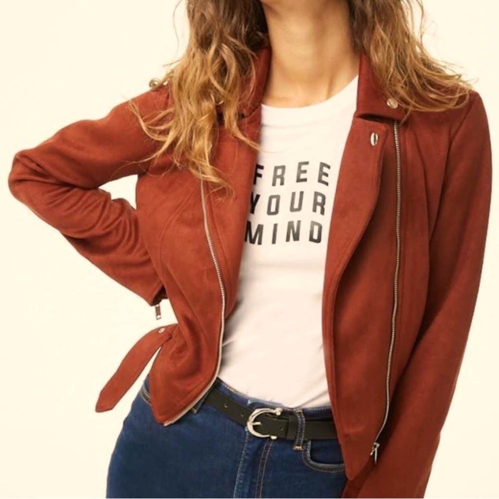 Forever 21 Faux Suede Moto Jacket in Brick Red Sz S